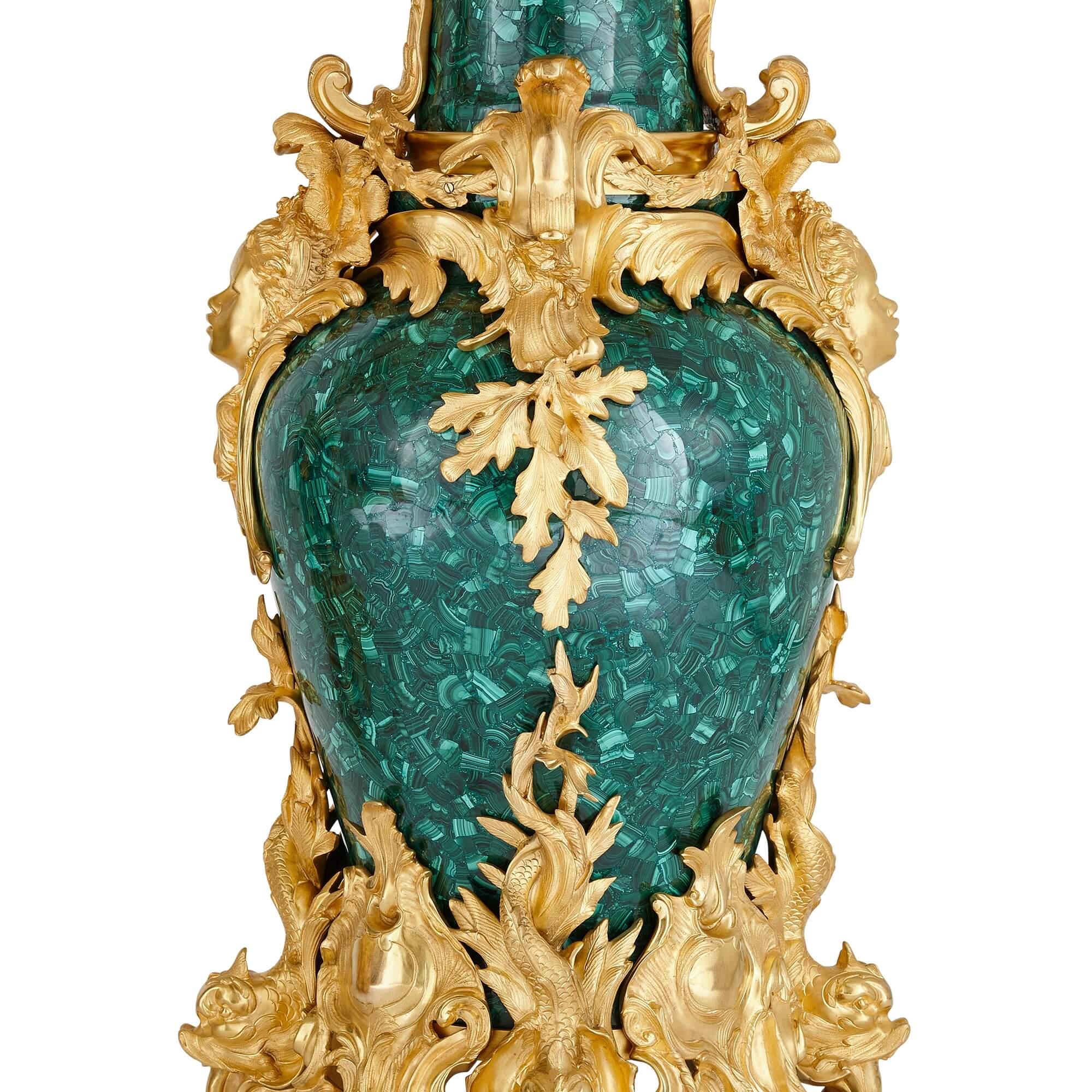 French Pair of Large Rococo Style Gilt Bronze and Malachite Candelabra