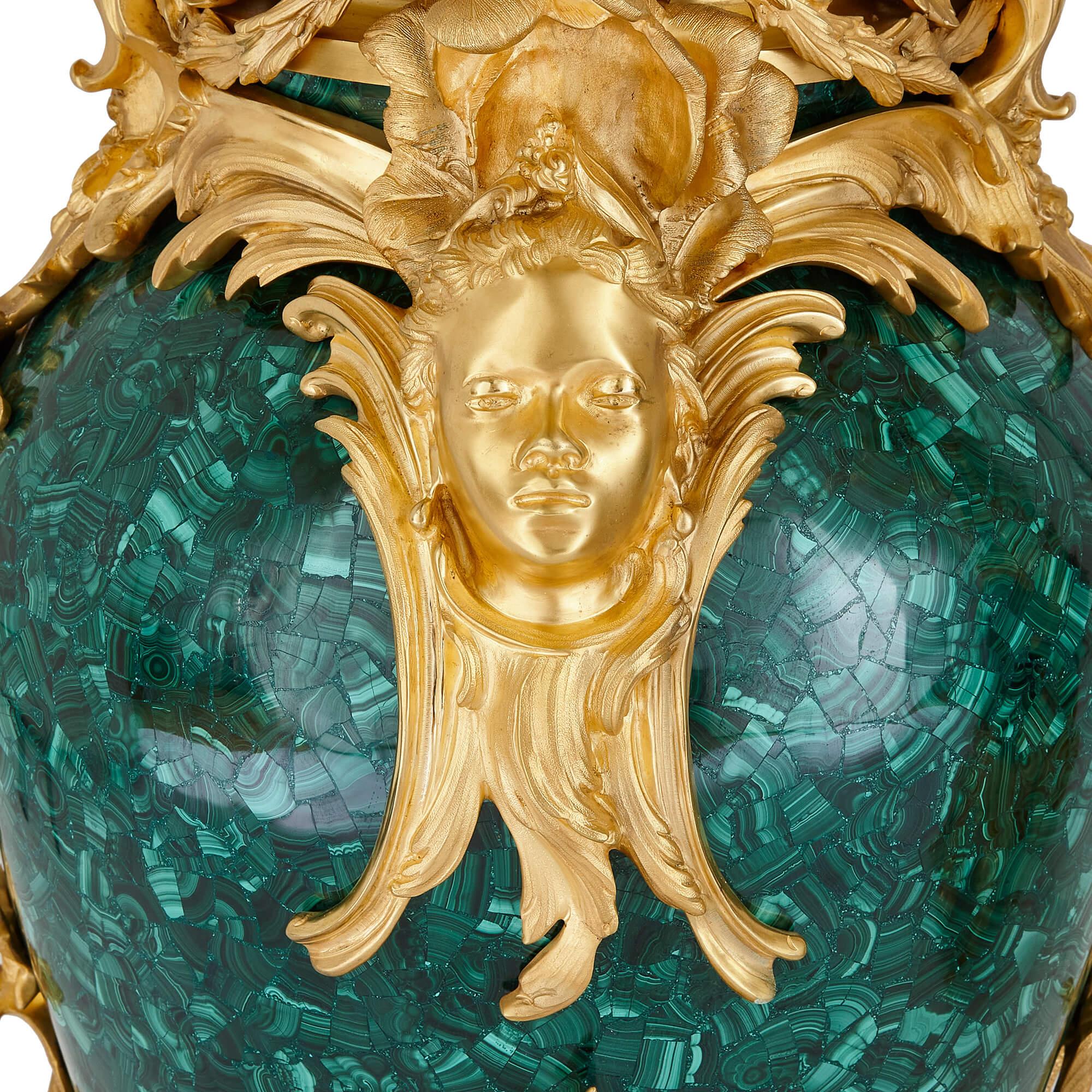 Pair of Large Rococo Style Gilt Bronze and Malachite Candelabra In Good Condition In London, GB