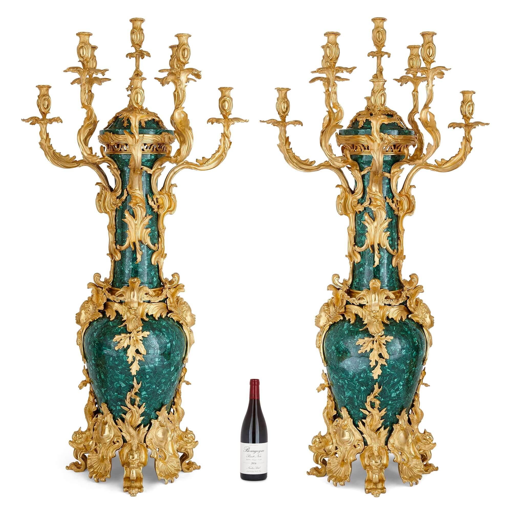 Pair of Large Rococo Style Gilt Bronze and Malachite Candelabra 2