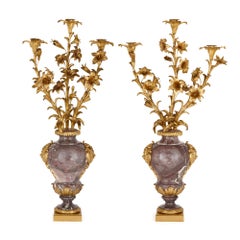 Pair of Large Rococo Style Gilt-Bronze and Marble Candelabra
