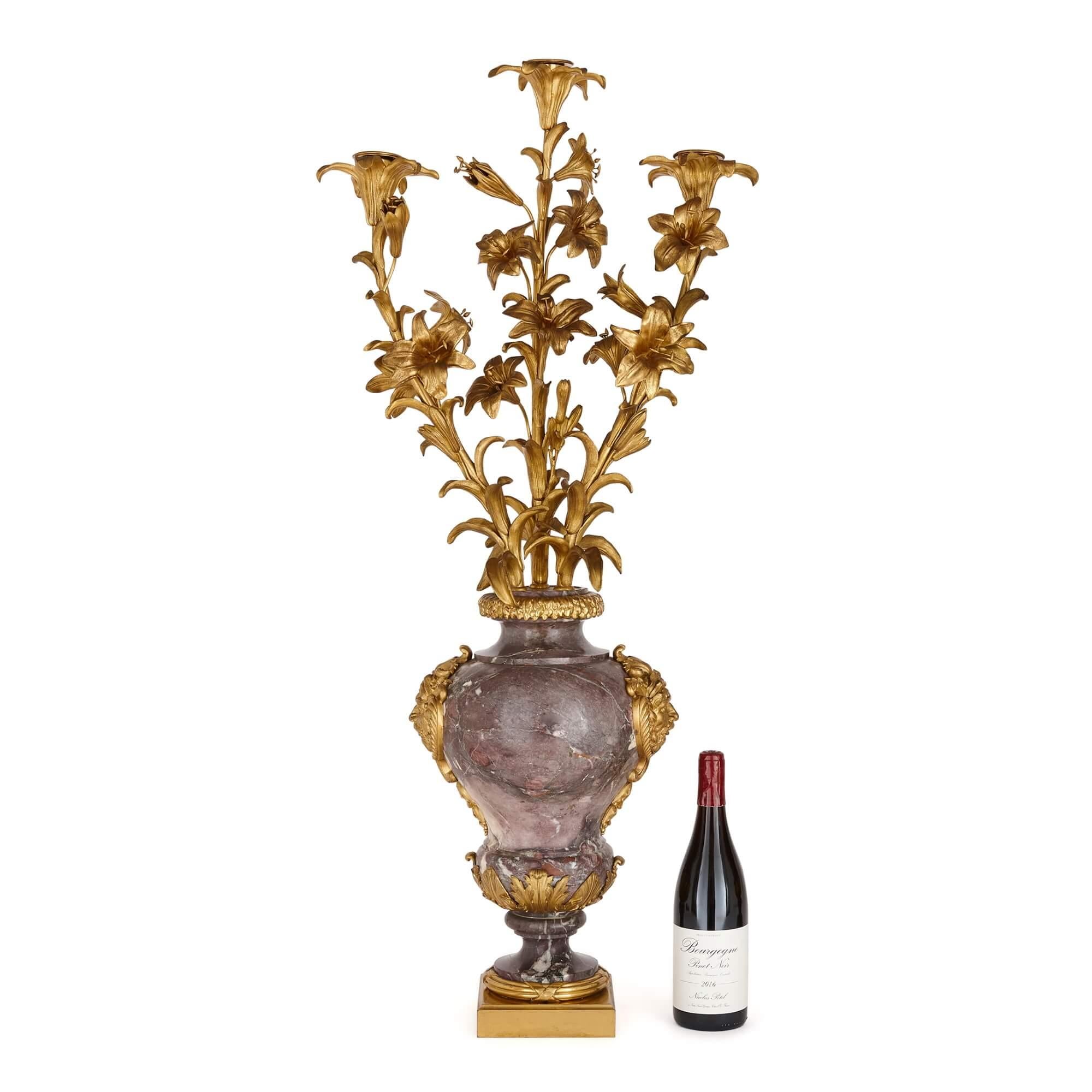 Pair of Large Rococo Style Gilt-Bronze and Marble Candelabra For Sale 1