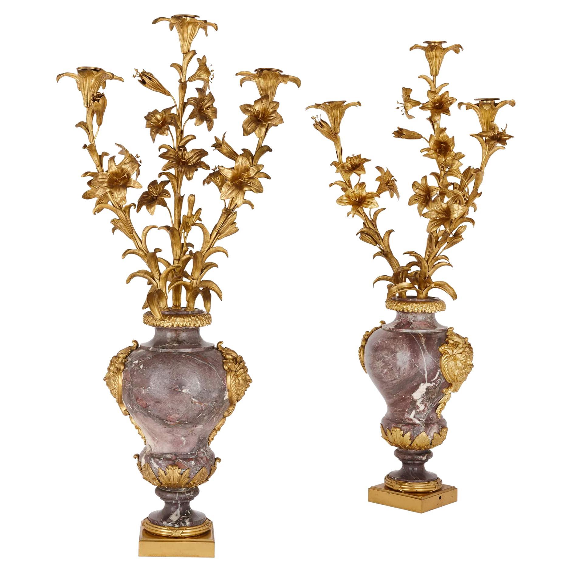 Pair of Large Rococo Style Gilt-Bronze and Marble Candelabra For Sale