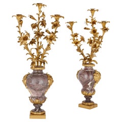 Pair of Large Rococo Style Gilt-Bronze and Marble Candelabra