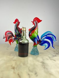 Pareja de grandes gallos en cristal de Murano, Italia, años 70