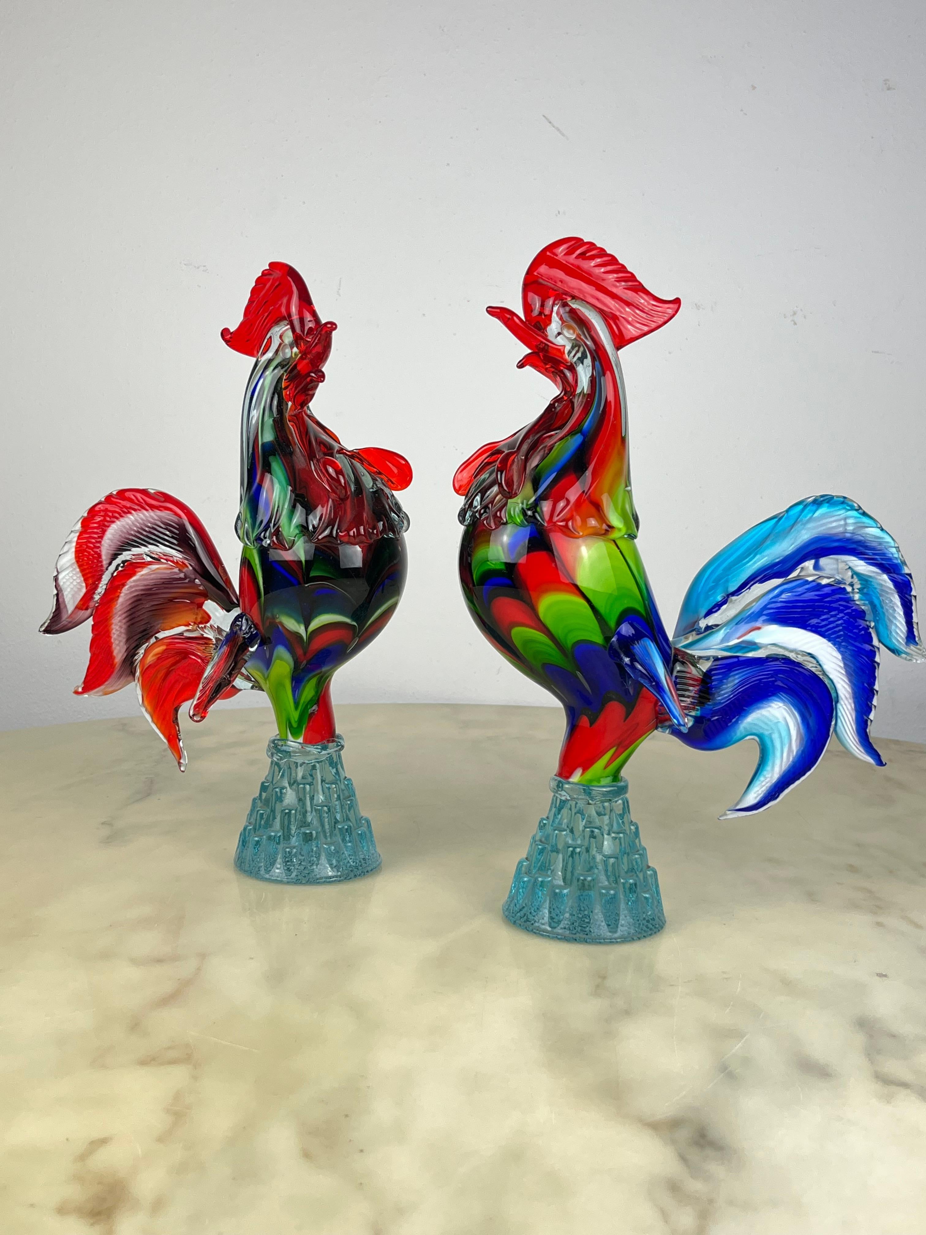 Italian Pair of Large Roosters in Murano glass, Italy, 1970s