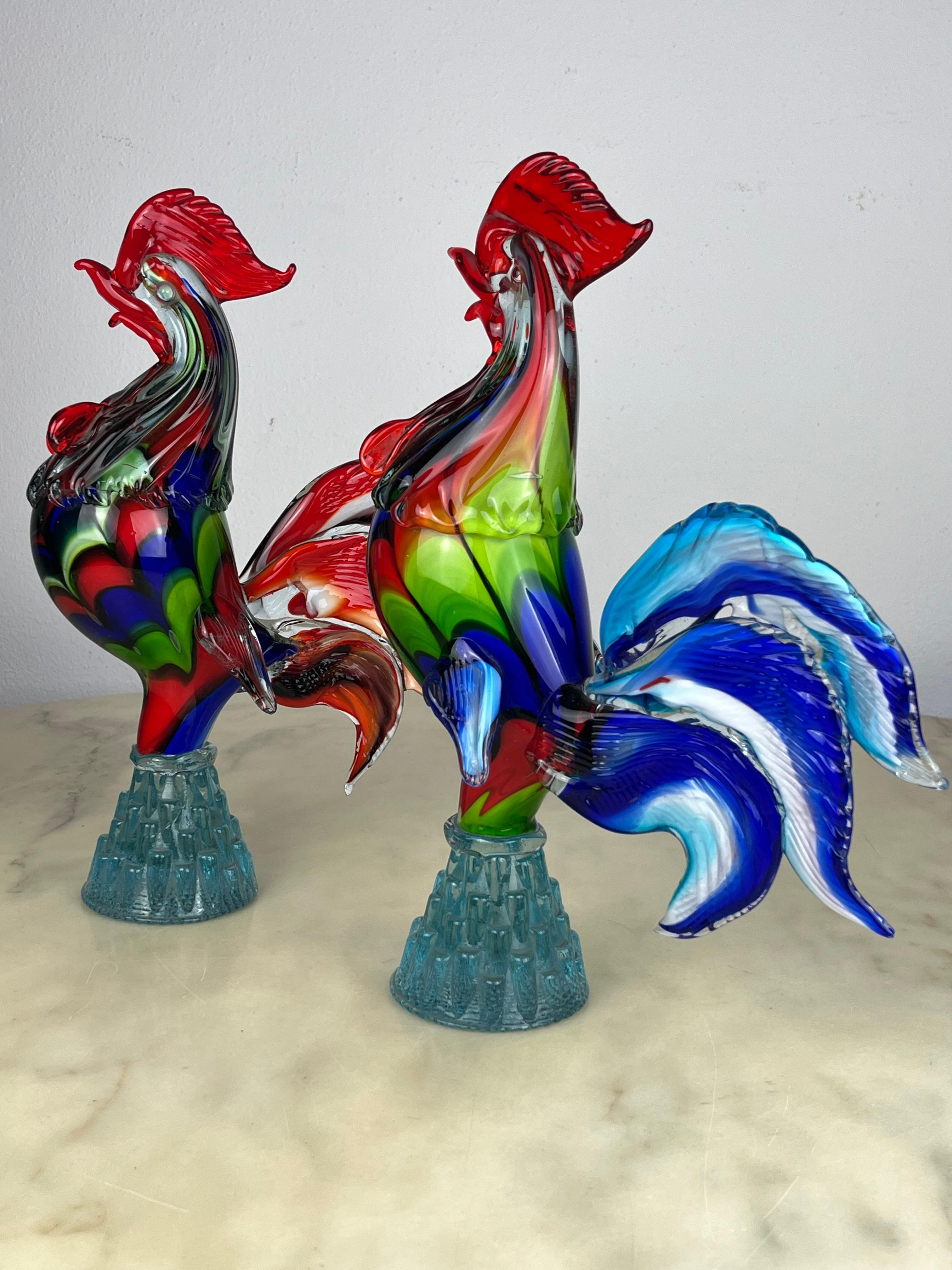 Late 20th Century Pair of Large Roosters in Murano glass, Italy, 1970s