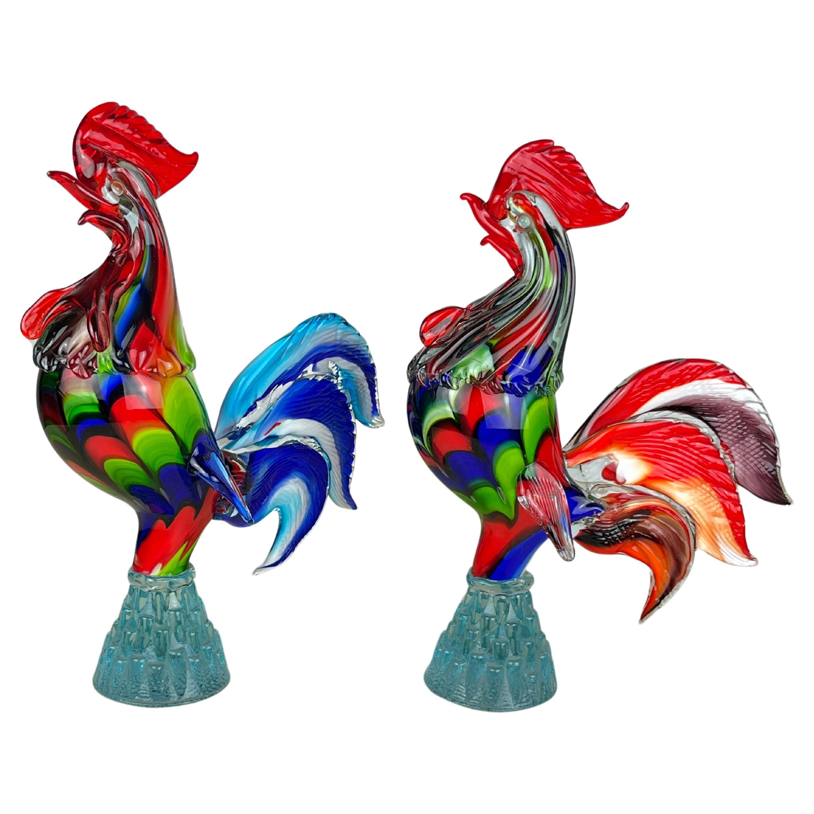 Pair of Large Roosters in Murano glass, Italy, 1970s