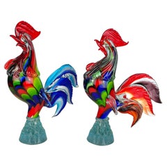 Vintage Pair of Large Roosters in Murano glass, Italy, 1970s