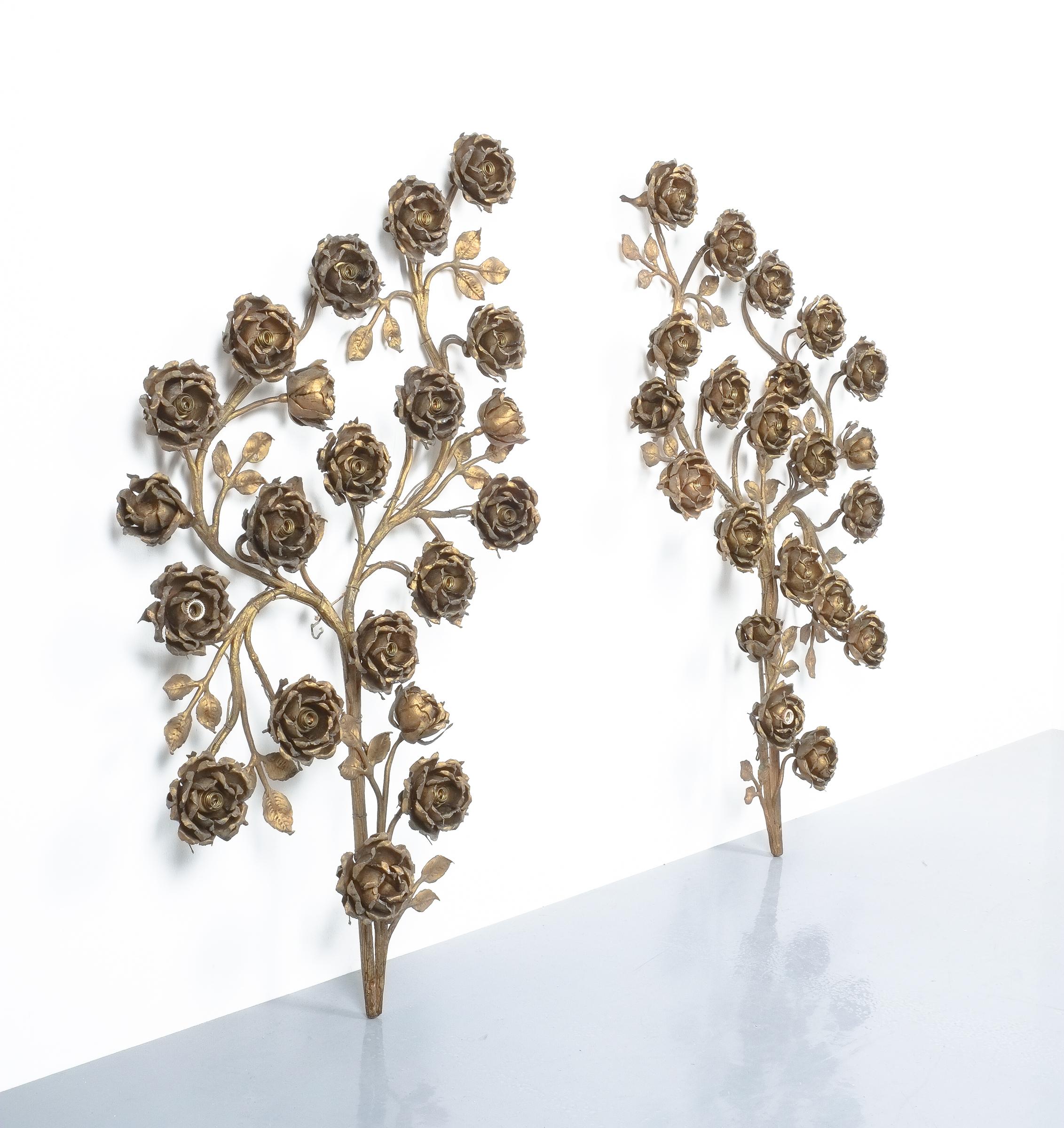 Mid-Century Modern Pair of Large Rosebush Forged Iron Wall Lights, France, circa 1950 For Sale