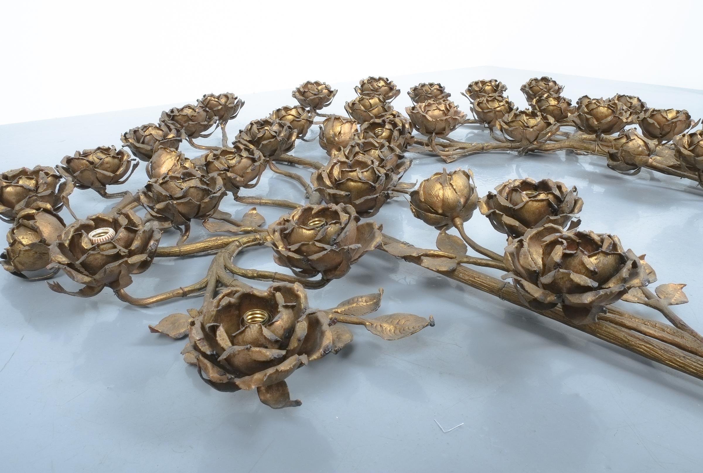 Mid-20th Century Pair of Large Rosebush Forged Iron Wall Lights, France, circa 1950 For Sale