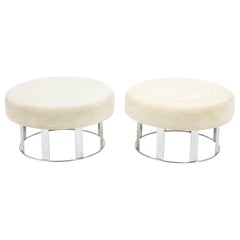 Pair of Large Round Chrome & White Velvet Ottomans, USA 1970's