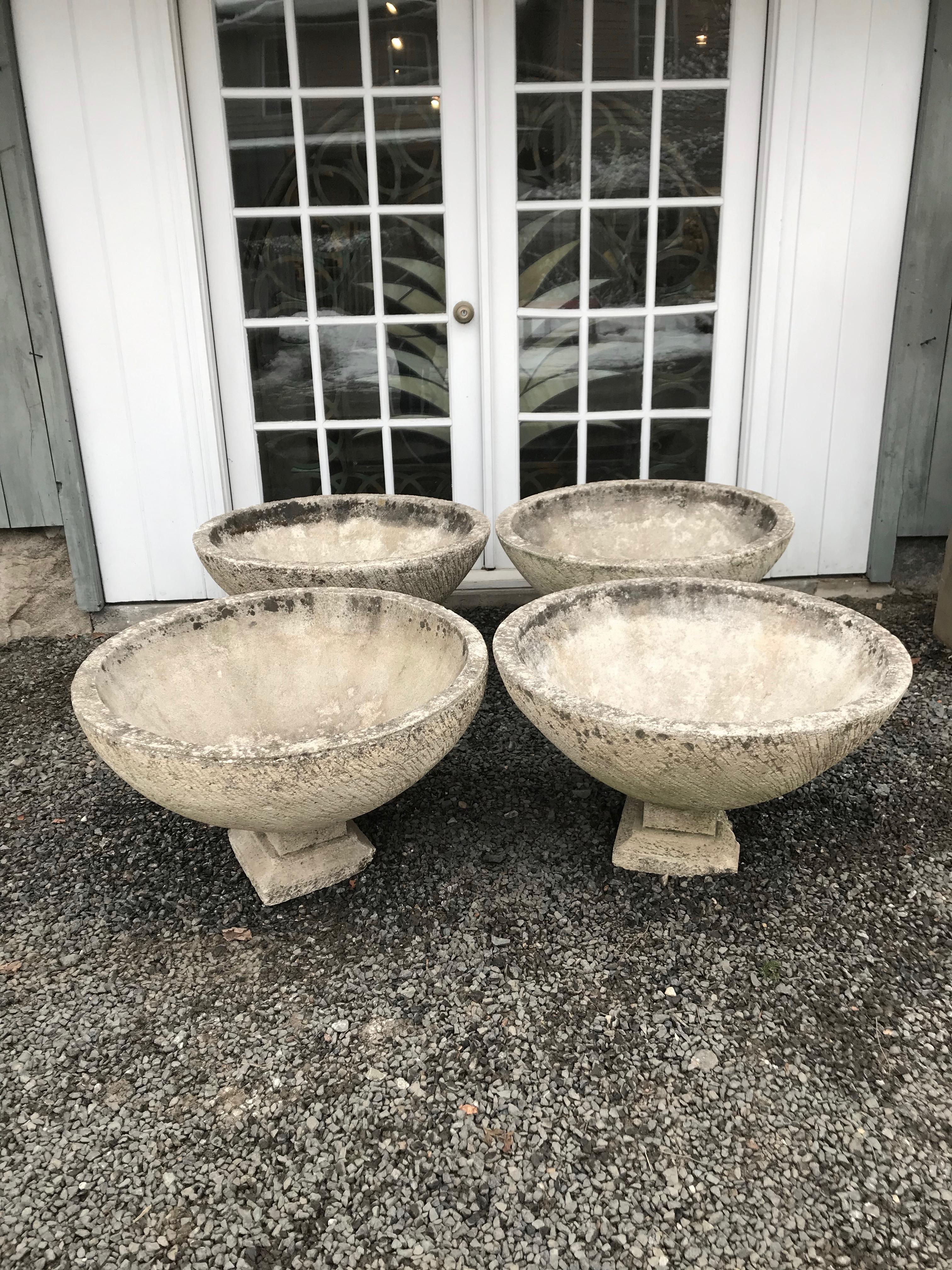 Pair of Large Round French Cast Stone Bowl Planters on Integral Feet #1 8