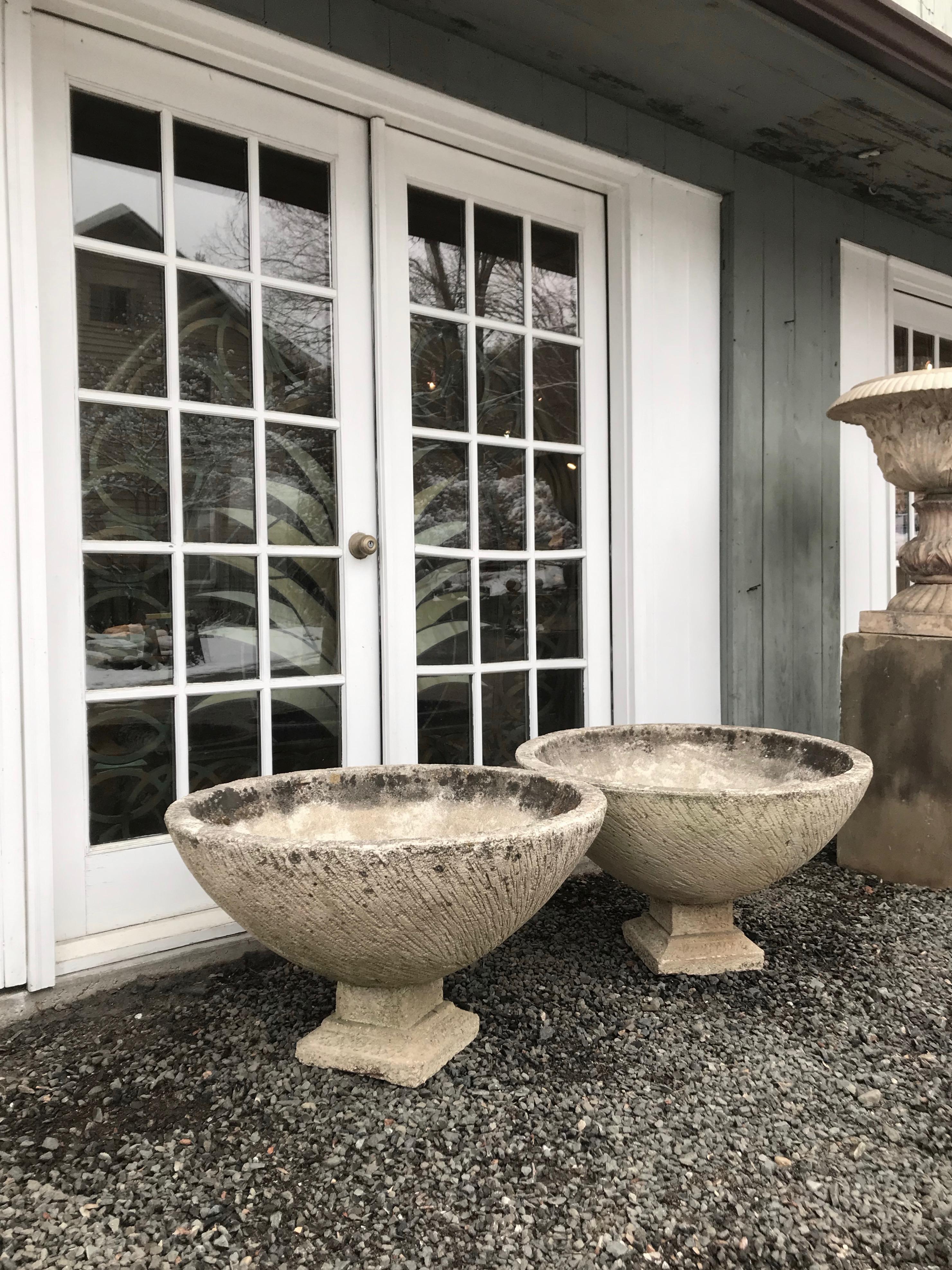 It’s rare that we find a set of 4 matching large bowl planters with integral feet, and these are simply stunning. However, due to their size, we have decided to split the set and make them available by the pair. Each has a large and deep planting