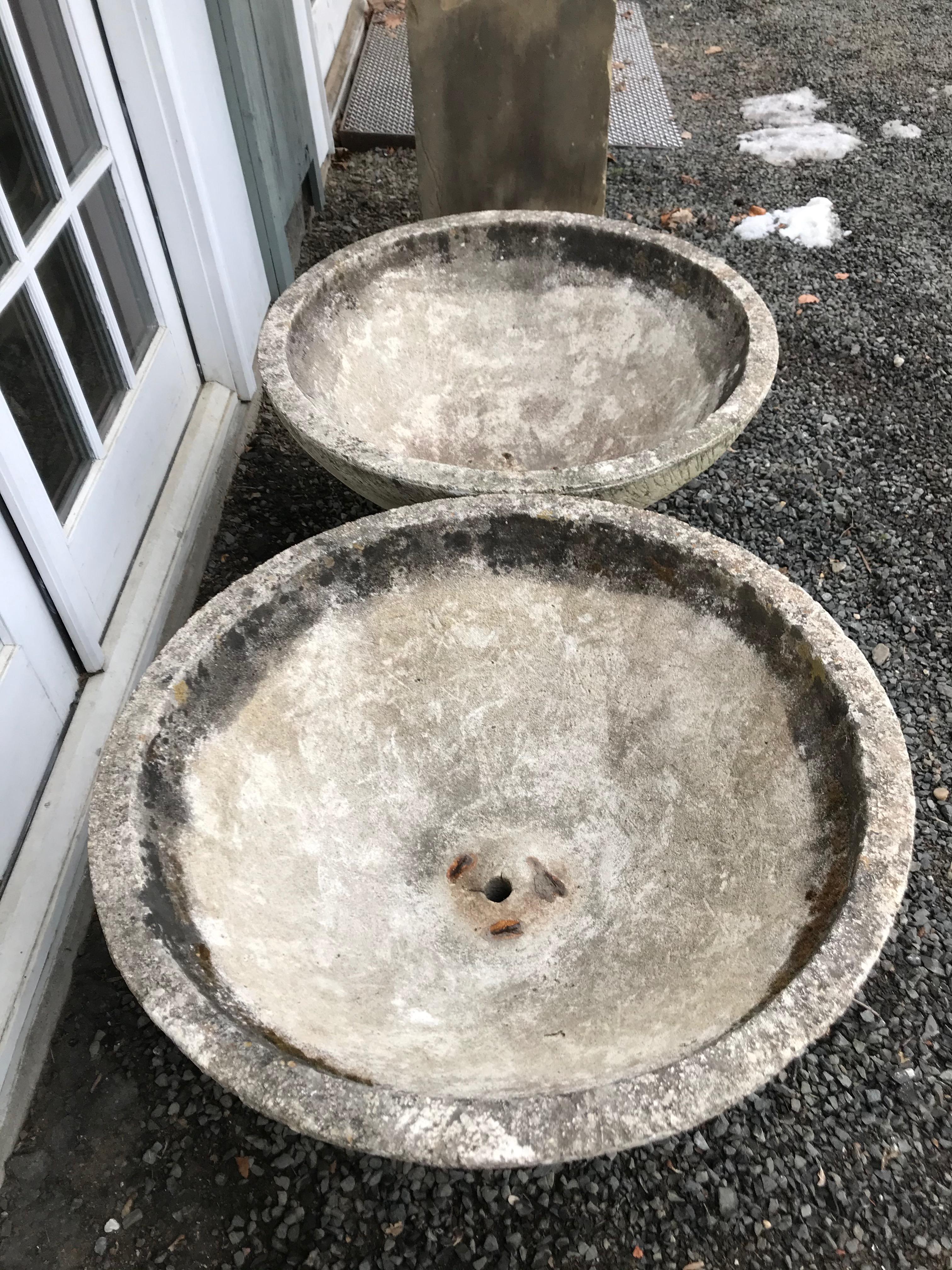 20th Century Pair of Large Round French Cast Stone Bowl Planters on Integral Feet #1