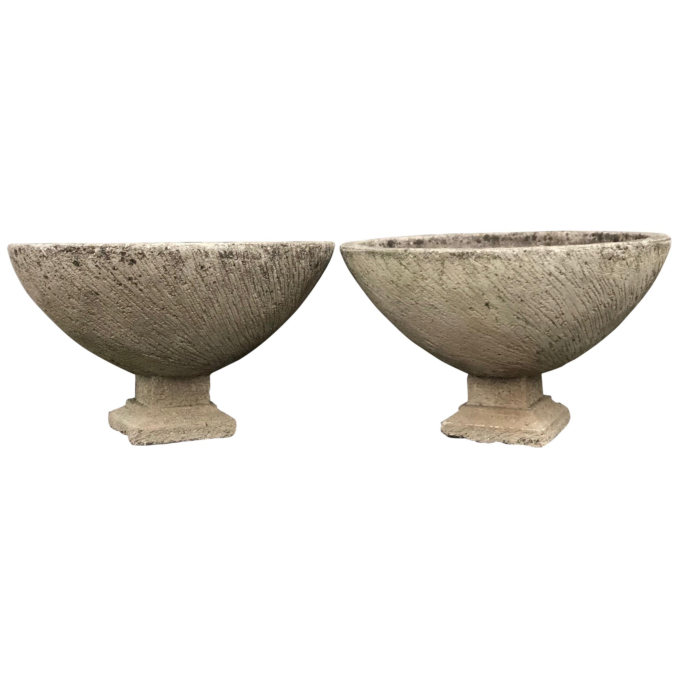 Pair of Large Round French Cast Stone Bowl Planters on Integral Feet #1