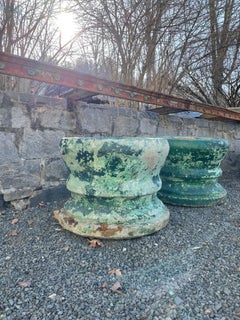 Fabulous Pair of Large Round French Cast Stone Planters in Green-Painted Surface