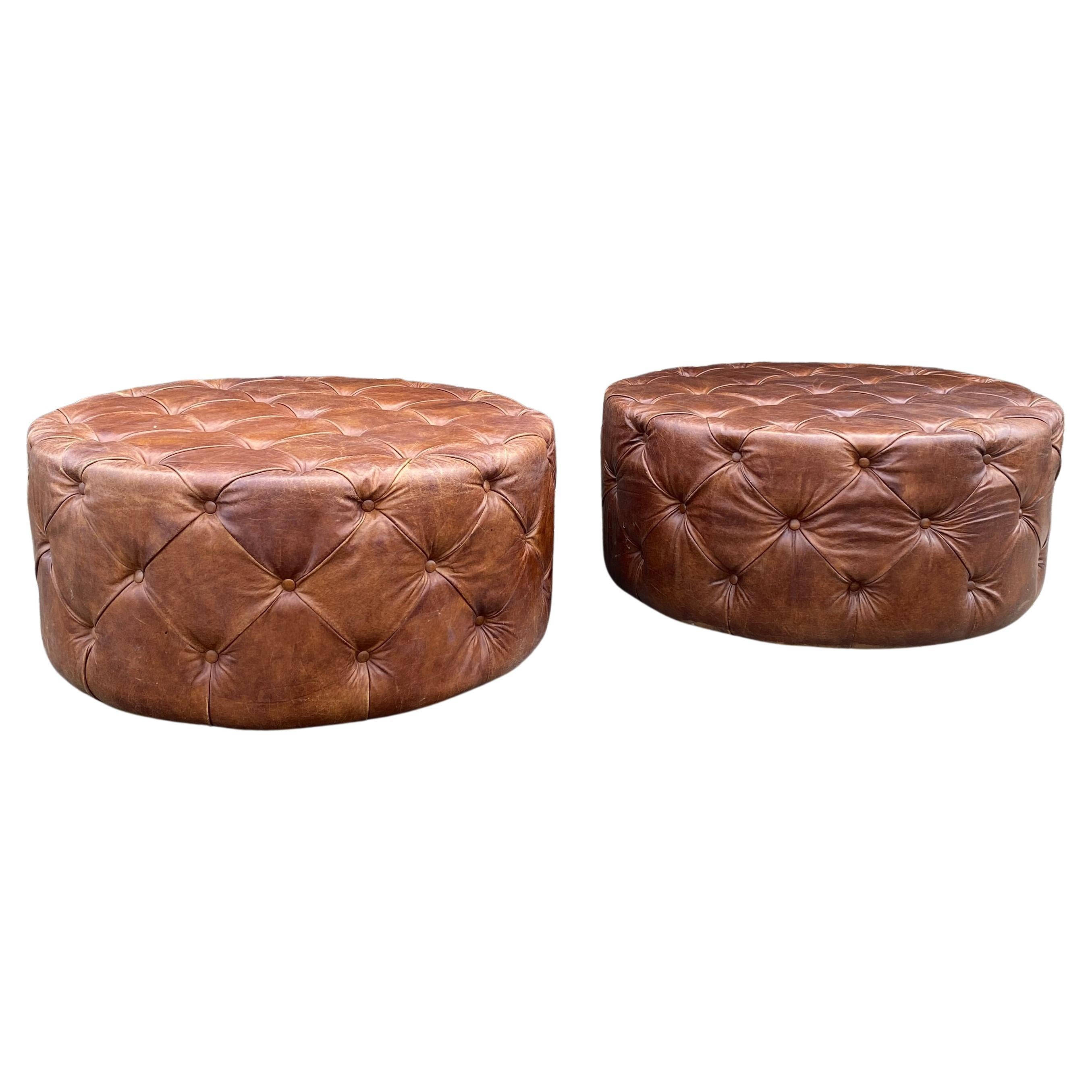 Pair of Large Round Leather Rotating Buttoned Ottoman  Tufted Coffee Table