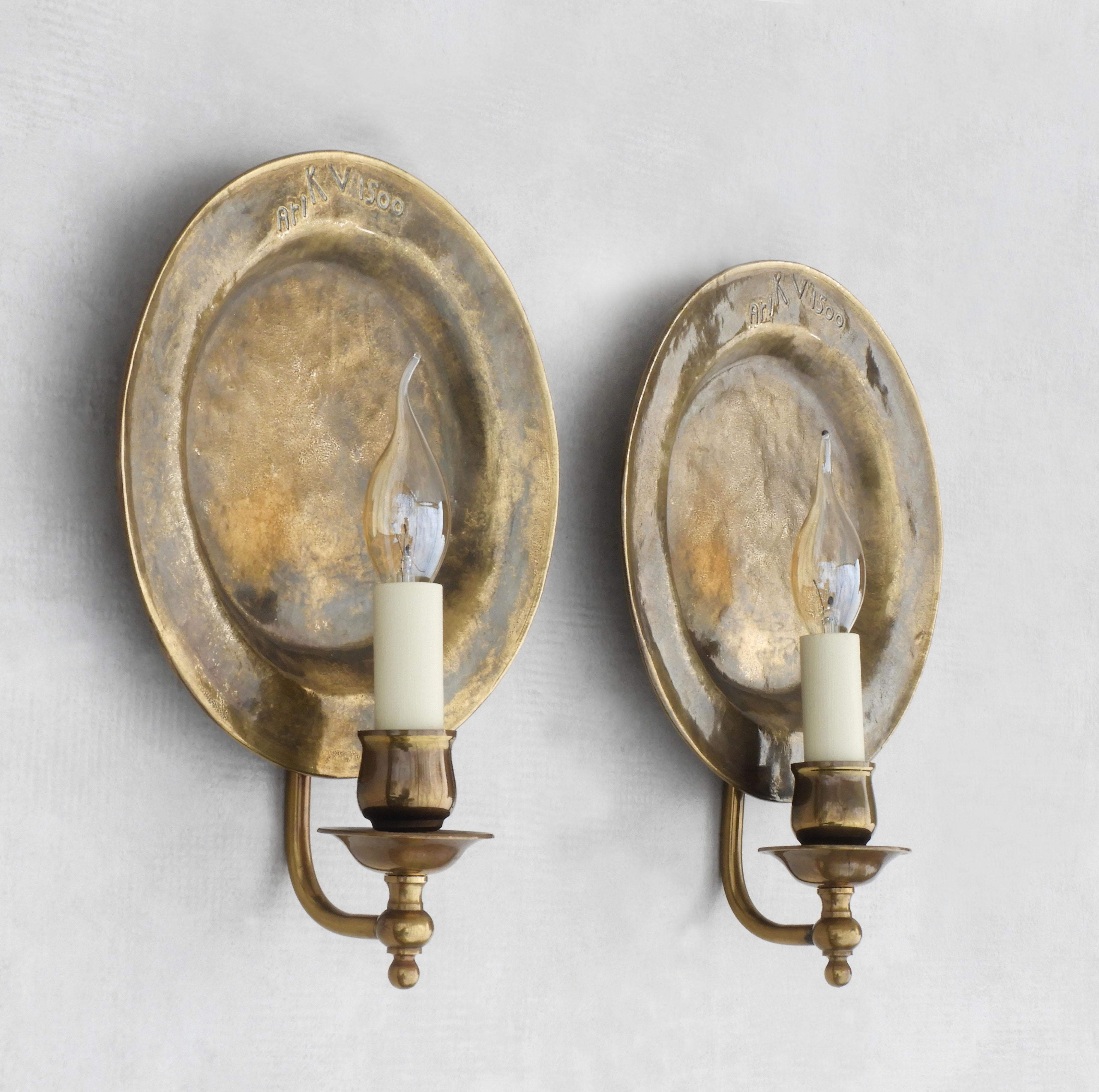 Brutalist Pair of Large Round ‘Moon’ Bronze Wall Light Sconces C1970s France.