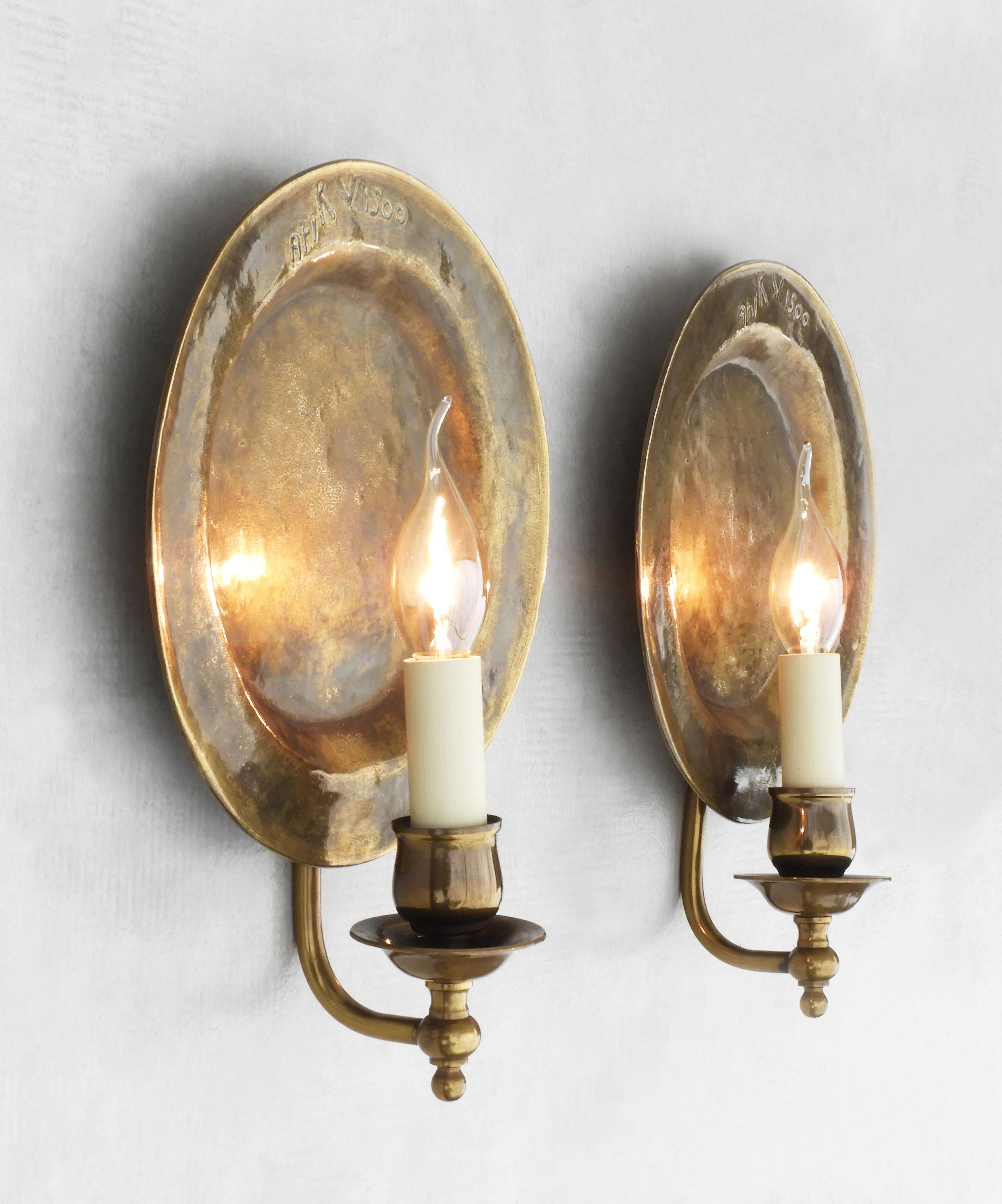 French Pair of Large Round ‘Moon’ Bronze Wall Light Sconces C1970s France.