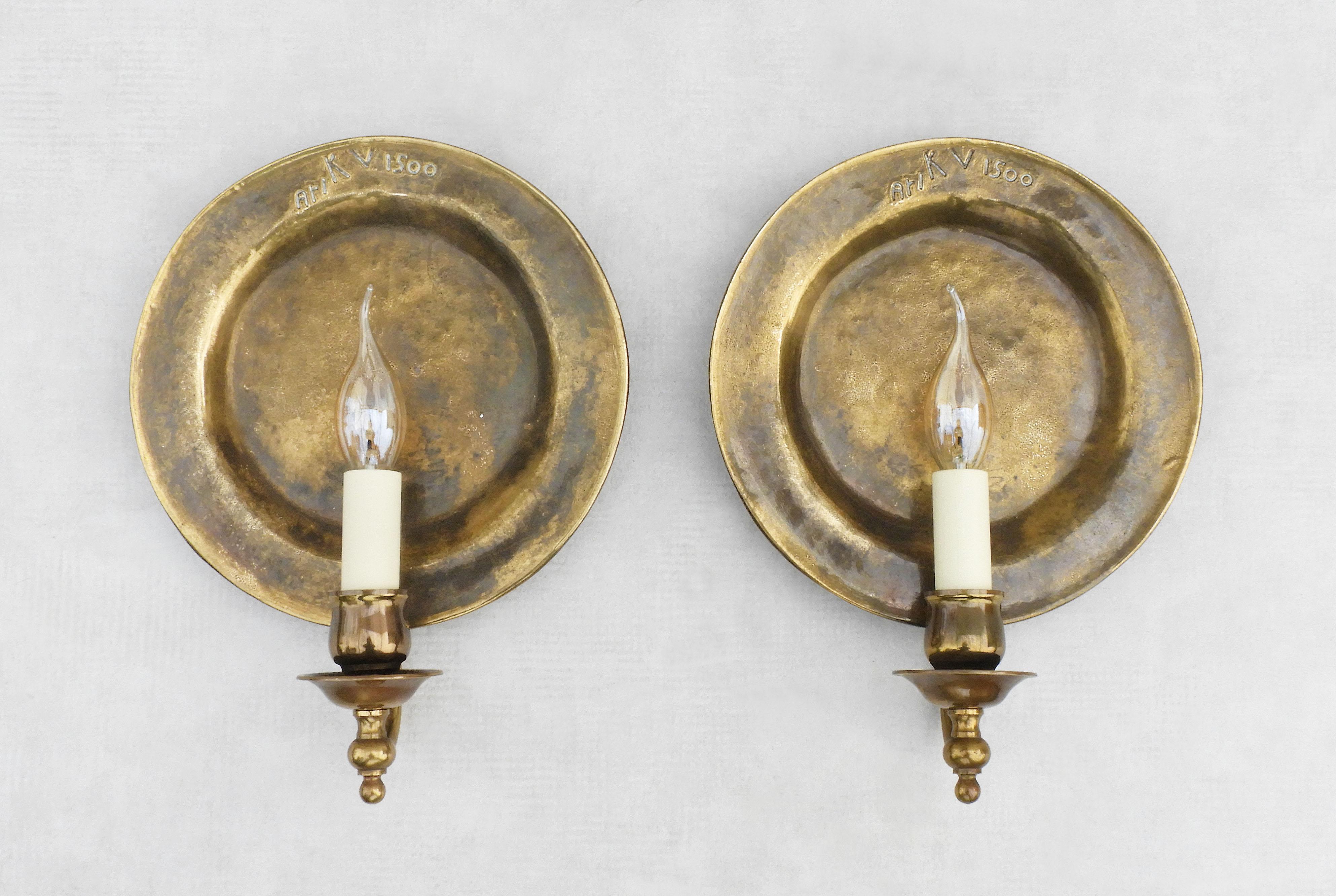 Lacquered Pair of Large Round ‘Moon’ Bronze Wall Light Sconces C1970s France.