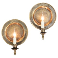Pair of Large Round ‘Moon’ Bronze Wall Light Sconces C1970s France.