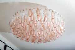 Pair of Large Round Murano Pink & Clear Glass Flush Mount Chandeliers, in Stock