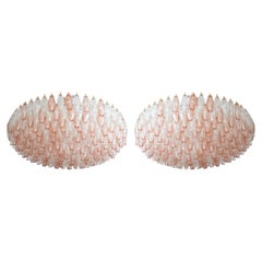 Pair of Large Round Murano Pink & Clear Glass Flush Mount Chandeliers, in Stock