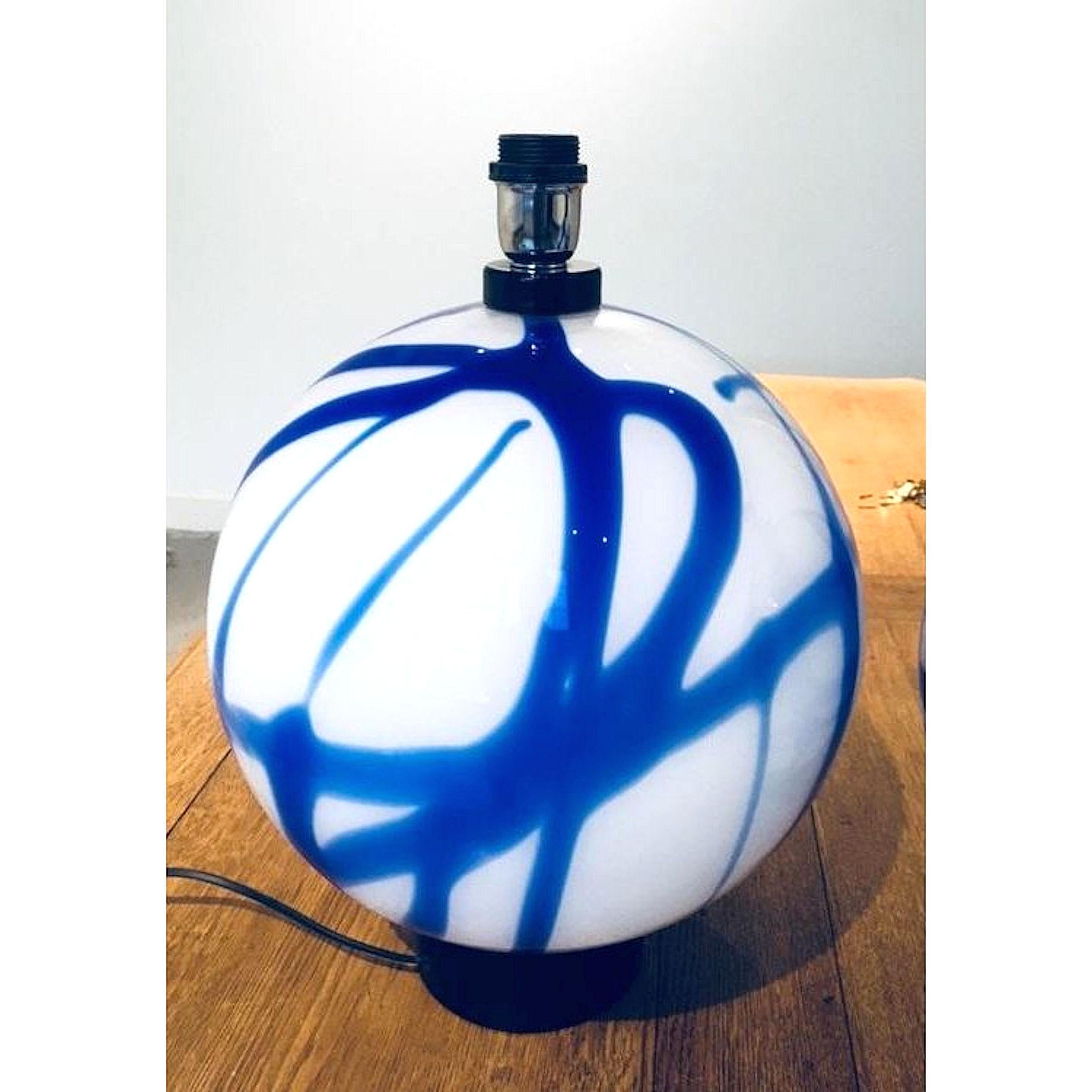 Italian Pair of Large Round White/Blue Murano Glass Table Lamps, Mid-Century Modern