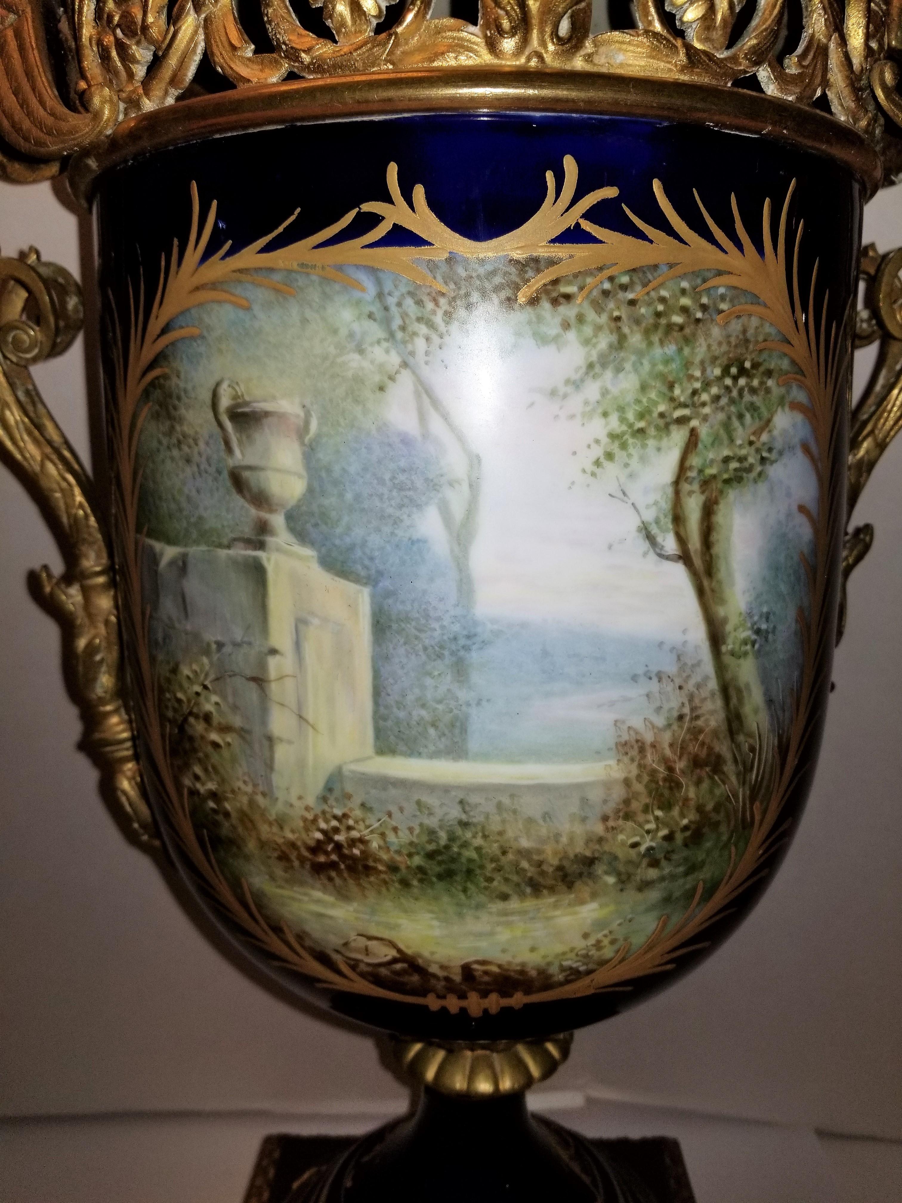 French Pair of Large Royal Cobalt Blue Sèvres Porcelain & Bronze Mounted Covered Vases For Sale