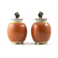 Pair of Large Royal Cph. Lidded Crakle Glaze Vases with Squirrel Decoration