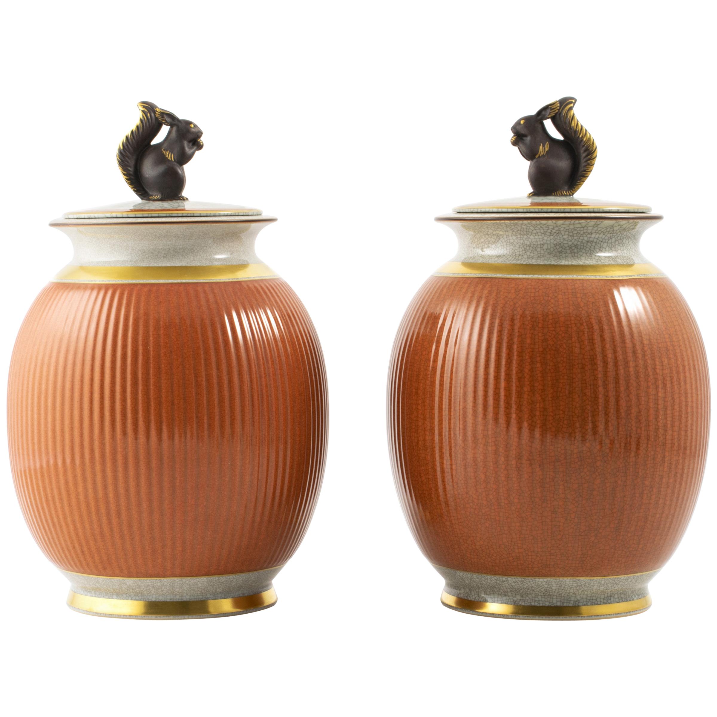 Pair of Large Royal Cph. Lidded Crakle Glaze Vases with Squirrel Decoration