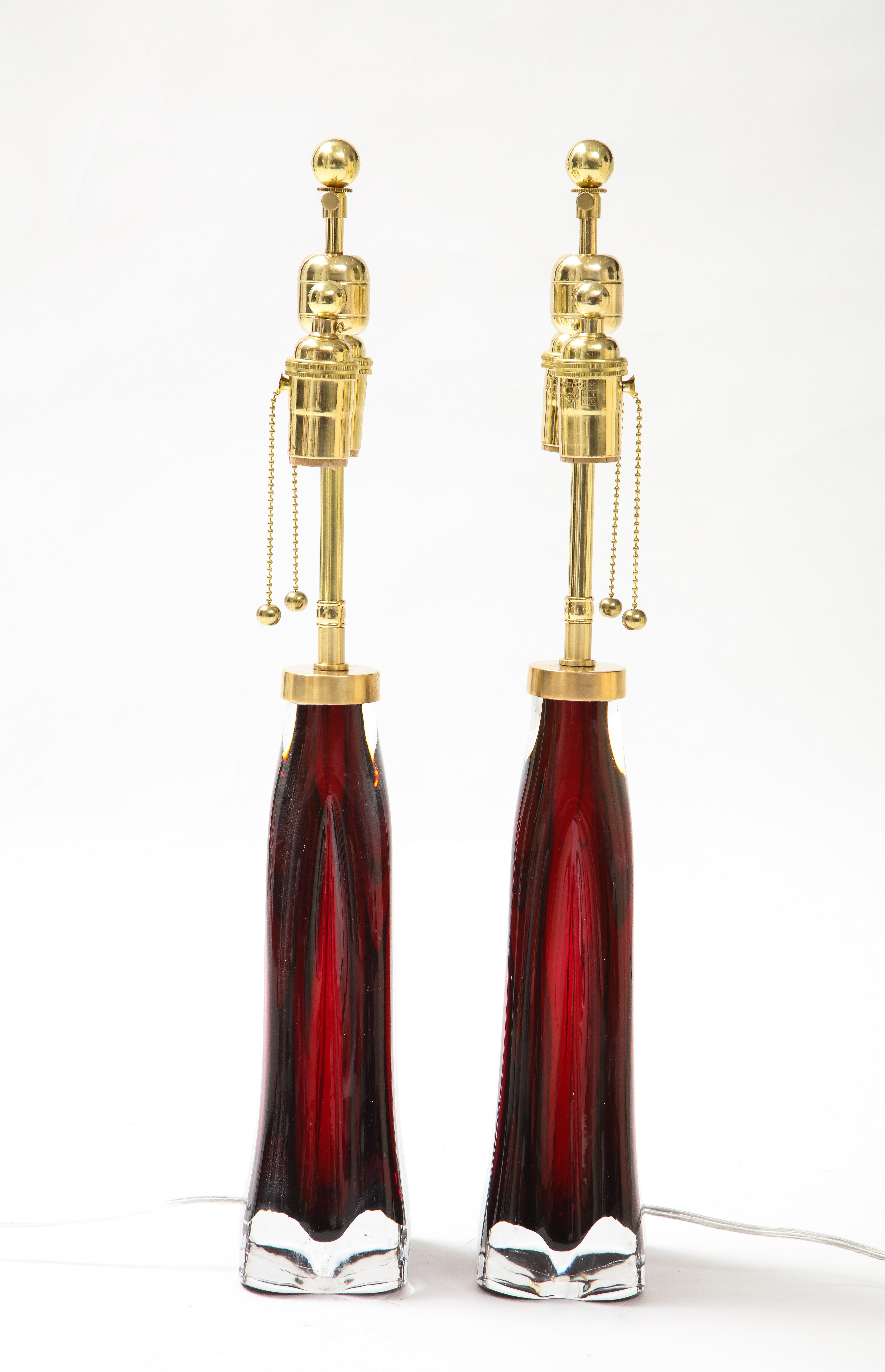 Mid-Century Modern Pair of Large Ruby Red Orrefors Lamps For Sale
