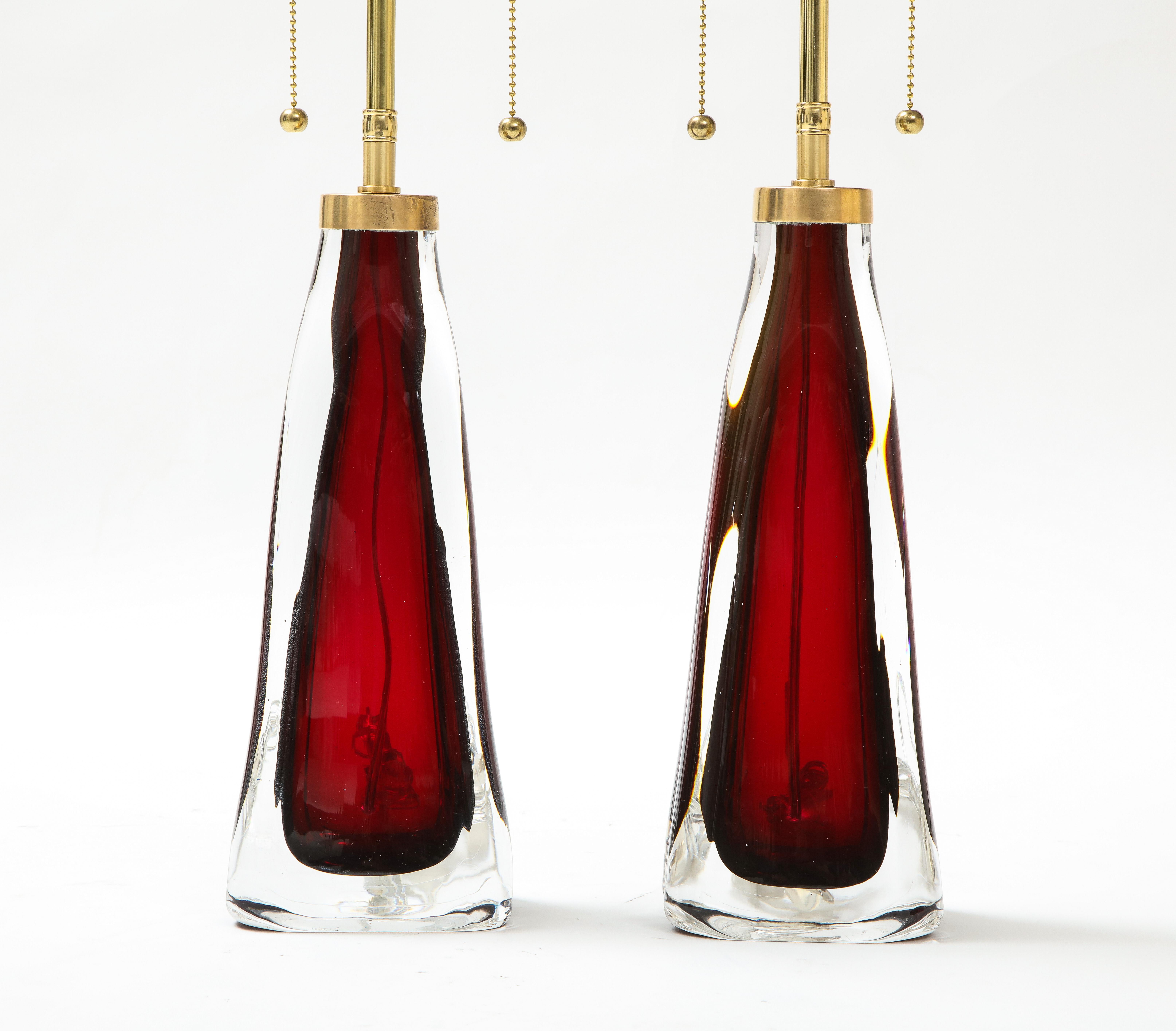 Swedish Pair of Large Ruby Red Orrefors Lamps For Sale
