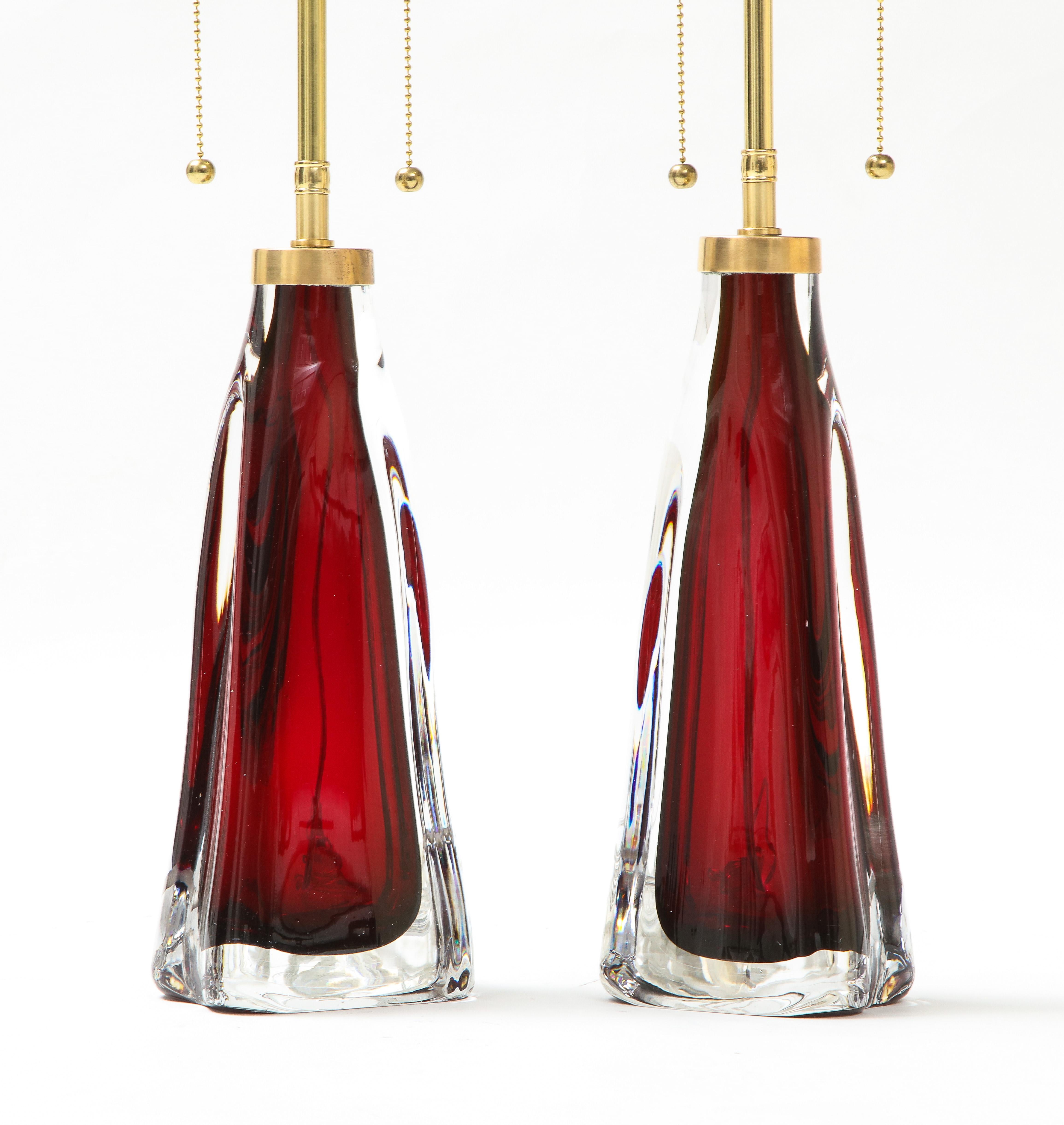 Crystal Pair of Large Ruby Red Orrefors Lamps For Sale