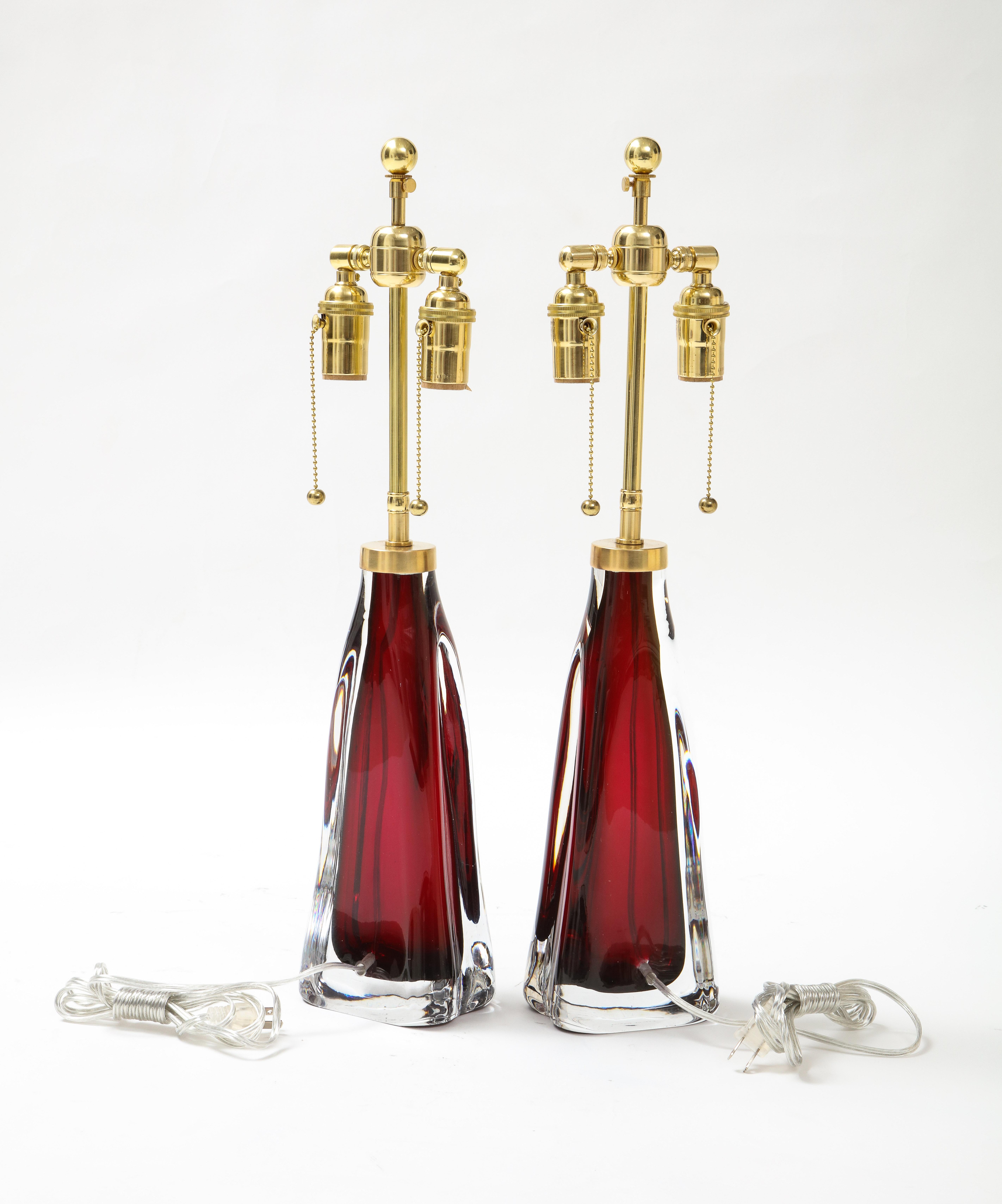 Pair of Large Ruby Red Orrefors Lamps For Sale 2
