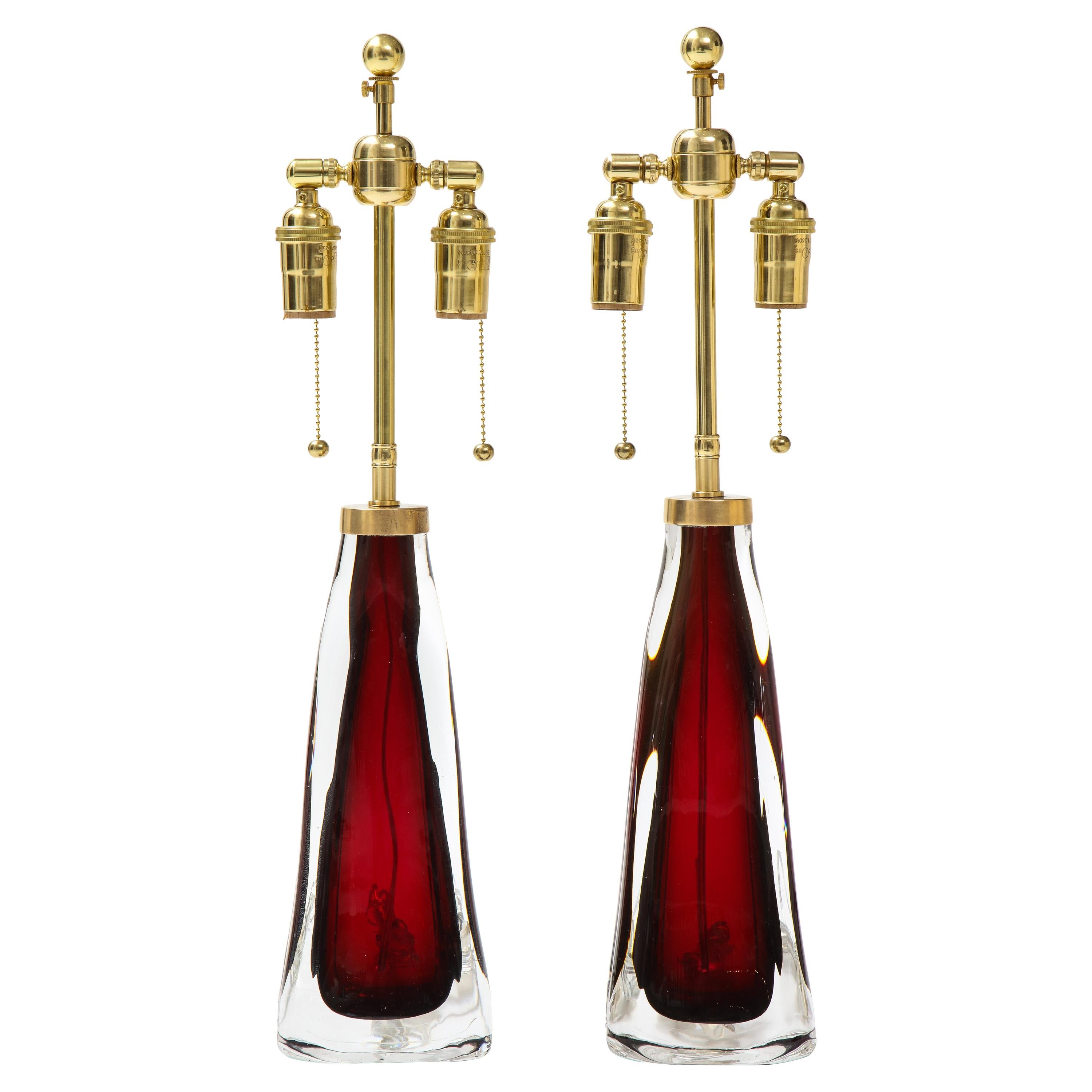 Pair of Large Ruby Red Orrefors Lamps