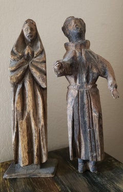 Pair of Large Rustic Religious Stripped Wood Antique Santo Altar Figures