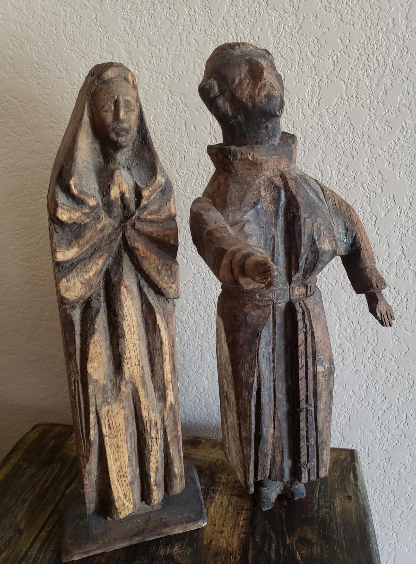 Hand-Carved Pair of Large Rustic Religious Stripped Wood Antique Santo Altar Figures For Sale
