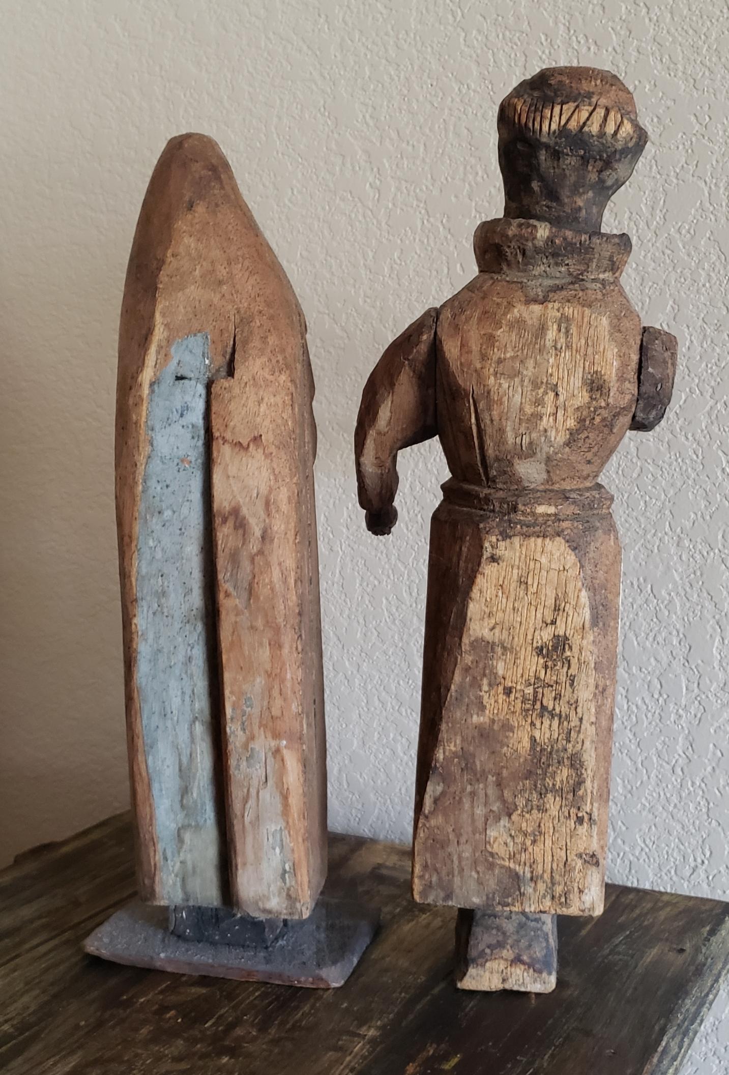 Pair of Large Rustic Religious Stripped Wood Antique Santo Altar Figures For Sale 1