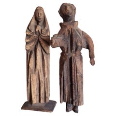 Paar große rustikale, religiös gestreifte, antike Santo-Altarfiguren aus Holz