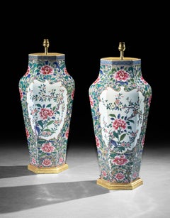 Coppia di grandi lampade da tavolo Samson floreali della fine del XIX secolo