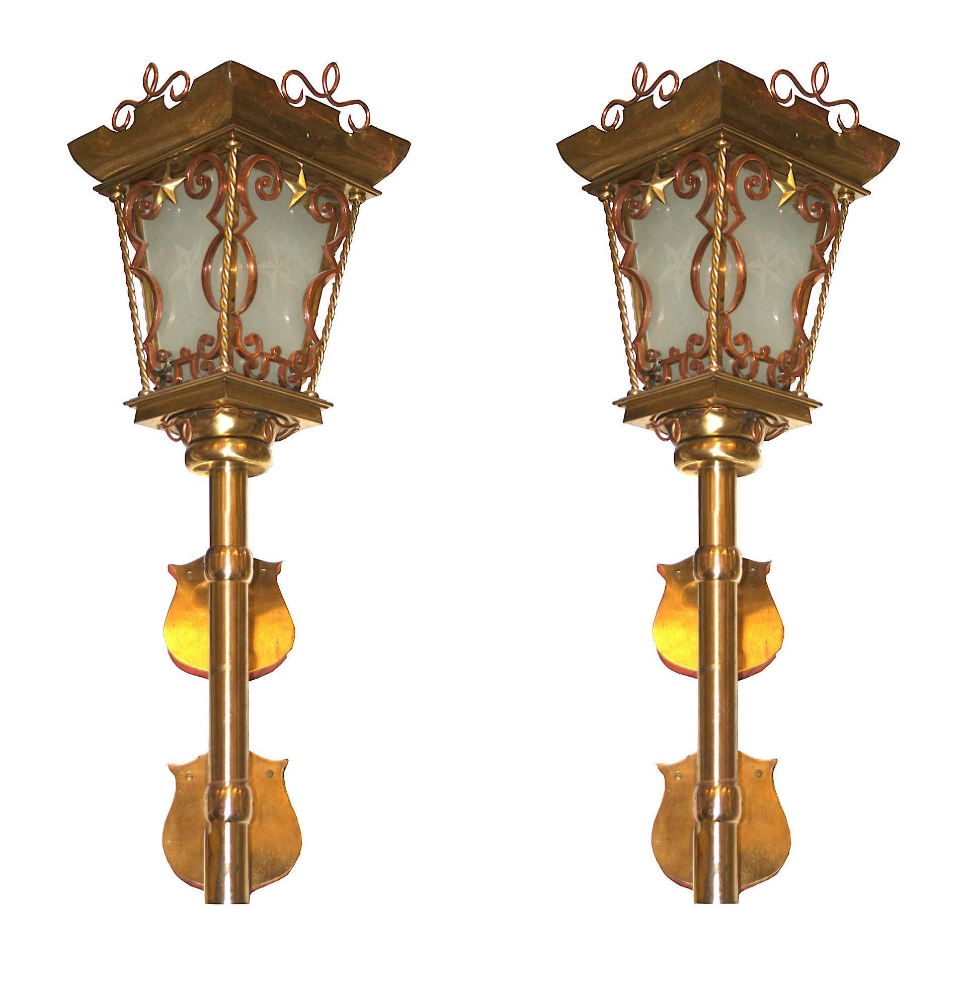 Pair of French Mid-Century Brass and Copper Coach Lamps For Sale