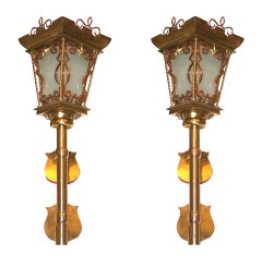 Pair of French Mid-Century Brass and Copper Coach Lamps