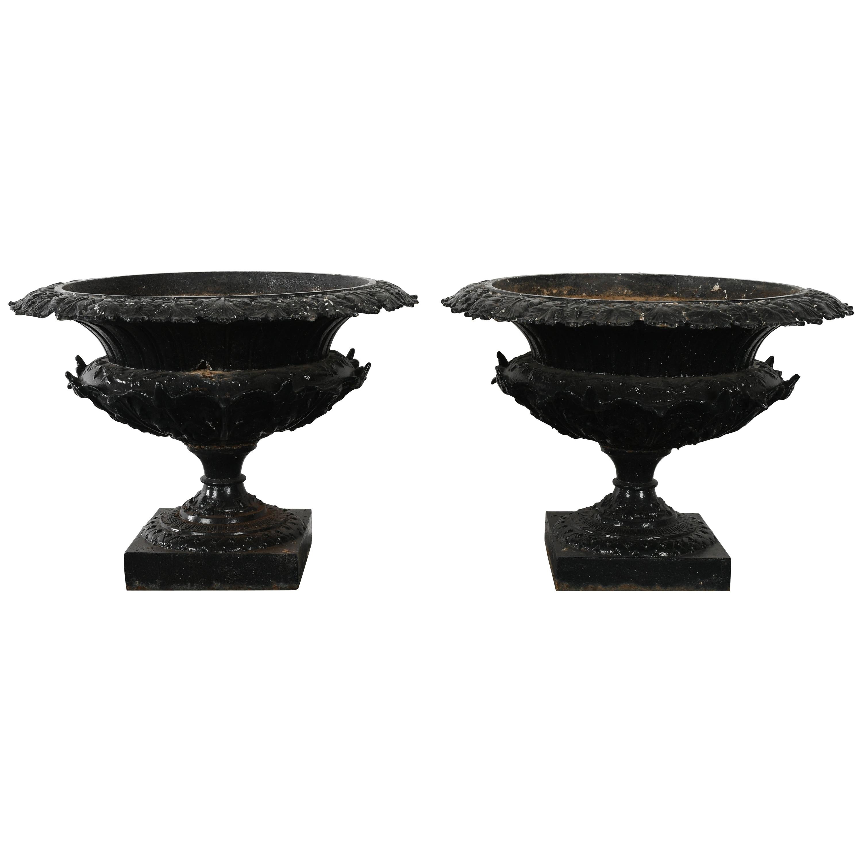 Pair of Large Cast Iron Garden Urns For Sale at 1stdibs