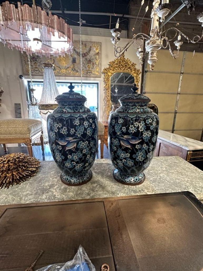 Beautiful pair of large scale 19th century Chinese Cloisonne vases. Very nice intricate pattern with floral images and birds. So pretty!