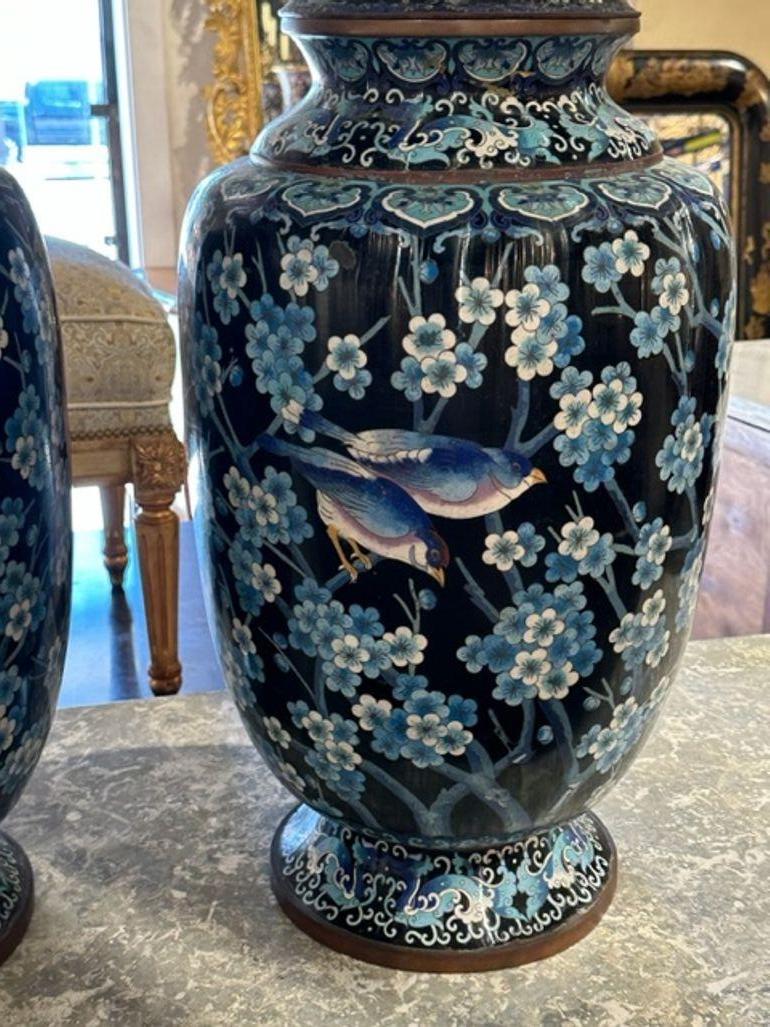 Metal Pair of Large Scale 19th Century Chinese Cloisonne Vases For Sale