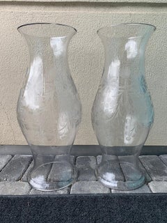 Pair of Large Scale 19th Century Etched Glass Hurricanes