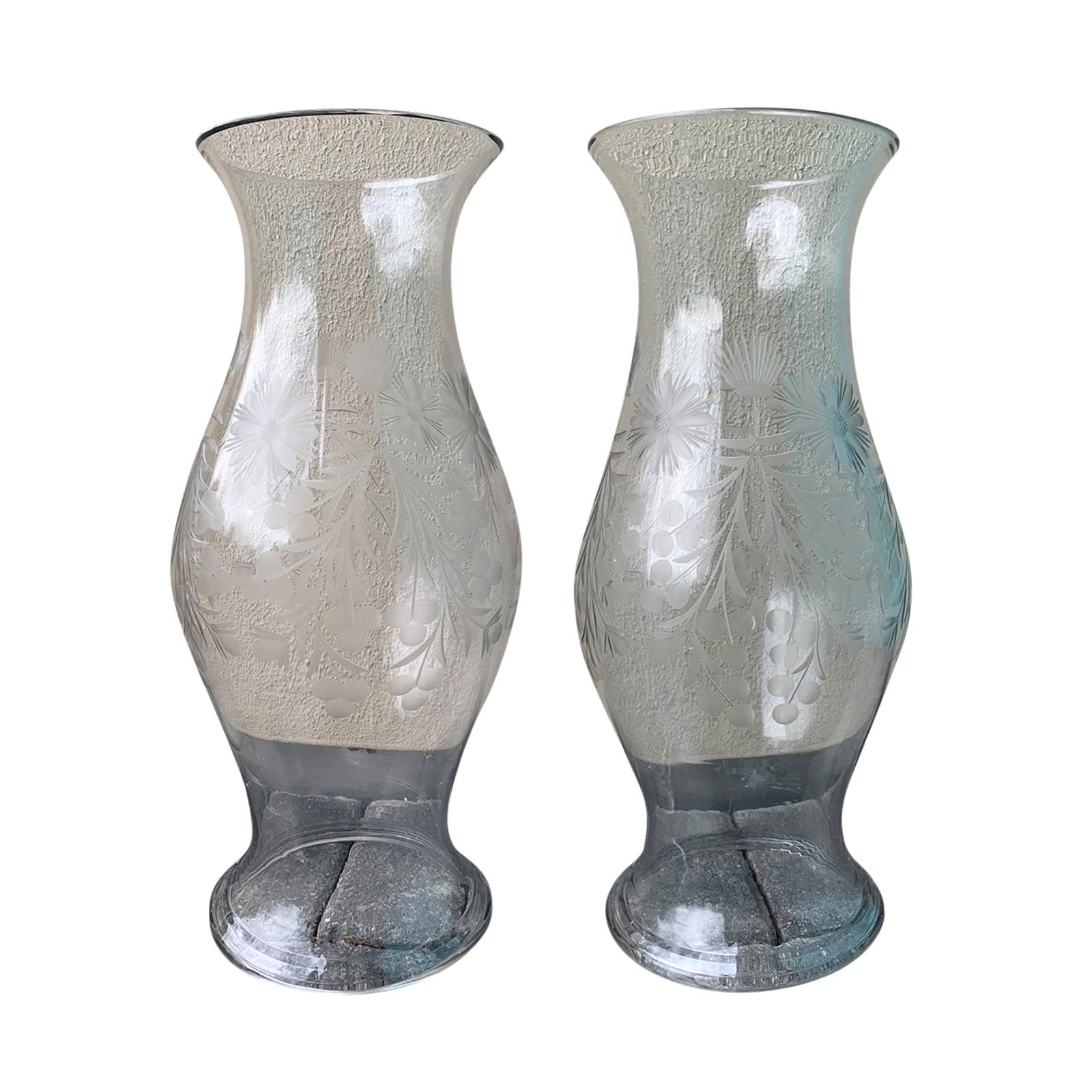 Pair of Large Scale 19th Century Etched Glass Hurricanes at 1stDibs