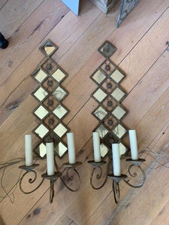Pair of Large Scale 20th Century Mirrored and Tole Diamond Three-Arm Sconces