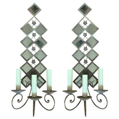 Pair of Large Scale 20th Century Mirrored and Tole Diamond Three-Arm Sconces